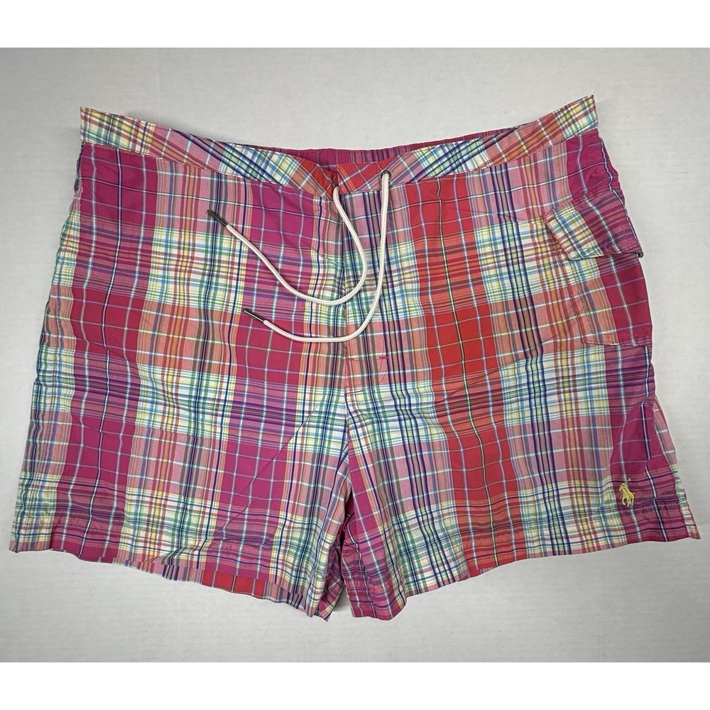 VTG Polo Ralph Lauren Madras Board Shorts Mens 34 Swim Trunks Plaid Pink Ken EUC